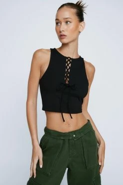 Petite Lace Up Front Cropped Tank Top -Nasty Gal Sales Store Sales womens black petite lace up front cropped tank top 3