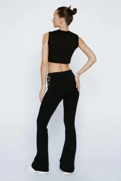 Petite Lace Up Side Kick Flare Pants -Nasty Gal Sales Store Sales womens black petite lace up side kick flare pants 2