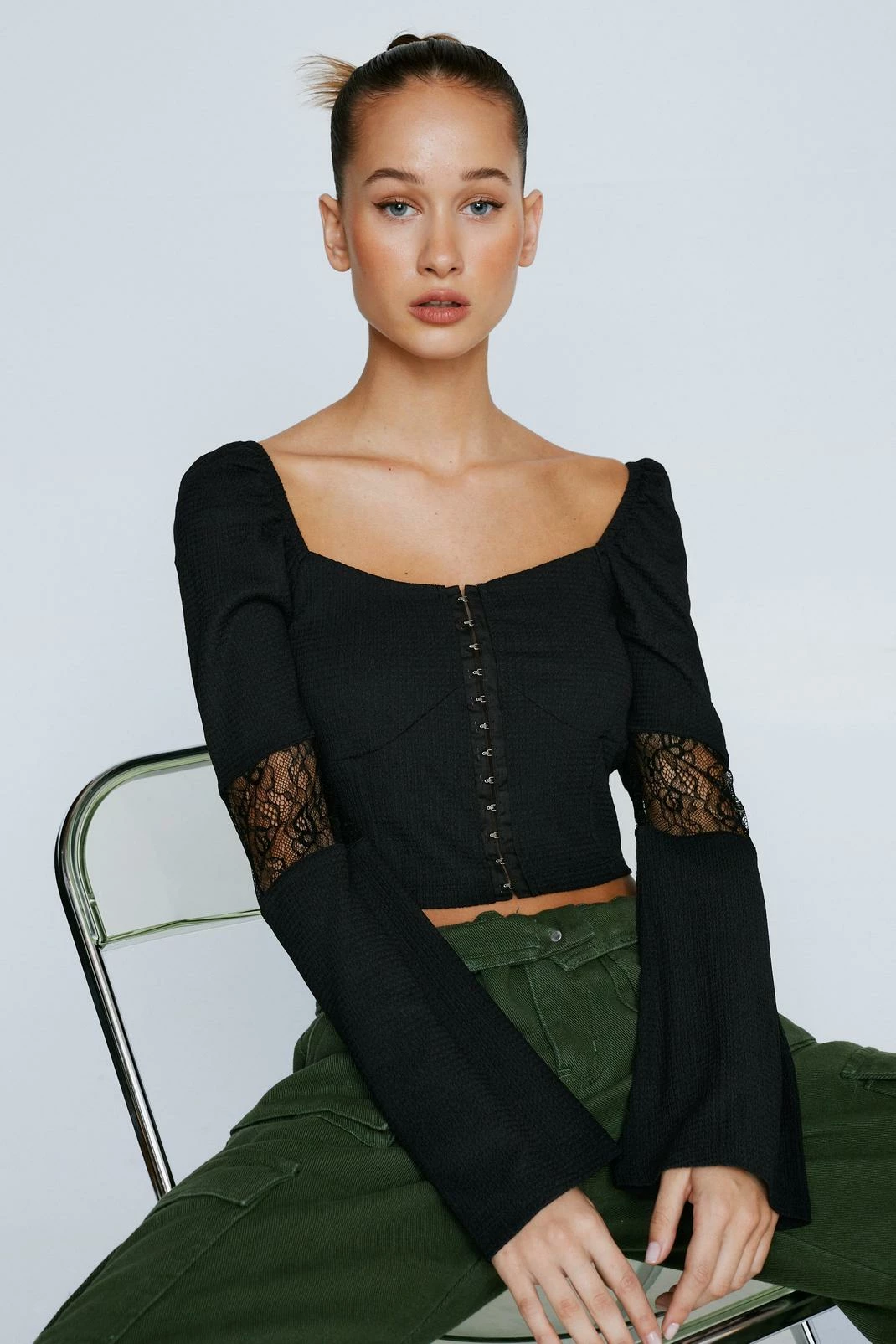 Petite Off The Shoulder Corset Detail Long Sleeved Top 2 Petite Off The Shoulder Corset Detail Long Sleeved Top - Image 2