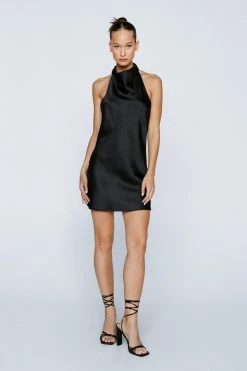 Petite Satin Cowl Halter Neck Mini Dress -Nasty Gal Sales Store Sales womens black petite satin cowl halter neck mini dress 6