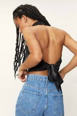 Petite Satin Halter Cropped Cami Top -Nasty Gal Sales Store Sales womens black petite satin halter cropped cami top 2