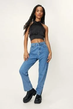 Petite Satin Halter Cropped Cami Top -Nasty Gal Sales Store Sales womens black petite satin halter cropped cami top 3