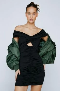 Petite Twist Front Ruched Midi Dress -Nasty Gal Sales Store Sales womens black petite twist front ruched midi dress 3