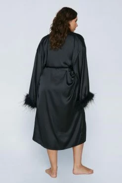 Plus Size Feather Trim Satin Longline Robe -Nasty Gal Sales Store Sales womens black plus size feather trim satin longline robe 2