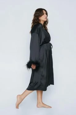 Plus Size Feather Trim Satin Longline Robe