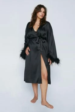 Plus Size Feather Trim Satin Longline Robe -Nasty Gal Sales Store Sales womens black plus size feather trim satin longline robe 6