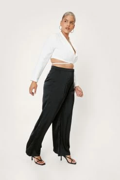 Plus Size Pleat Front Satin Wide Leg Pants