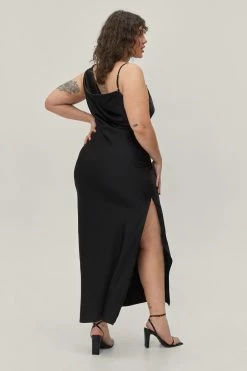 Plus Size Satin Asymmetric Cowl Front Maxi Dress -Nasty Gal Sales Store Sales womens black plus size satin asymmetric cowl front maxi dress 2