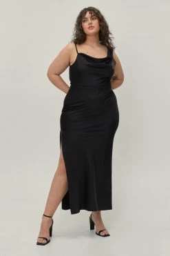 Plus Size Satin Asymmetric Cowl Front Maxi Dress -Nasty Gal Sales Store Sales womens black plus size satin asymmetric cowl front maxi dress 3