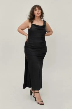Plus Size Satin Asymmetric Cowl Front Maxi Dress -Nasty Gal Sales Store Sales womens black plus size satin asymmetric cowl front maxi dress 4