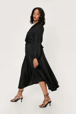 Plus Size Satin Wrap Midi Dress -Nasty Gal Sales Store Sales womens black plus size satin long sleeve midi dress 1
