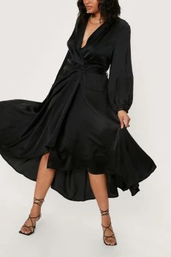 Plus Size Satin Wrap Midi Dress -Nasty Gal Sales Store Sales womens black plus size satin long sleeve midi dress