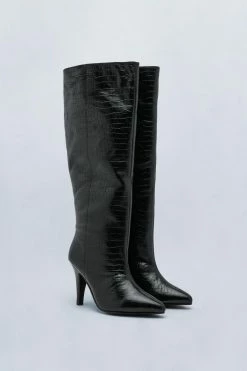 Premium Leather Croc Knee High Boots 6 Premium Leather Croc Knee High Boots -Nasty Gal Sales Store Sales womens black premium leather croc knee high boots 2