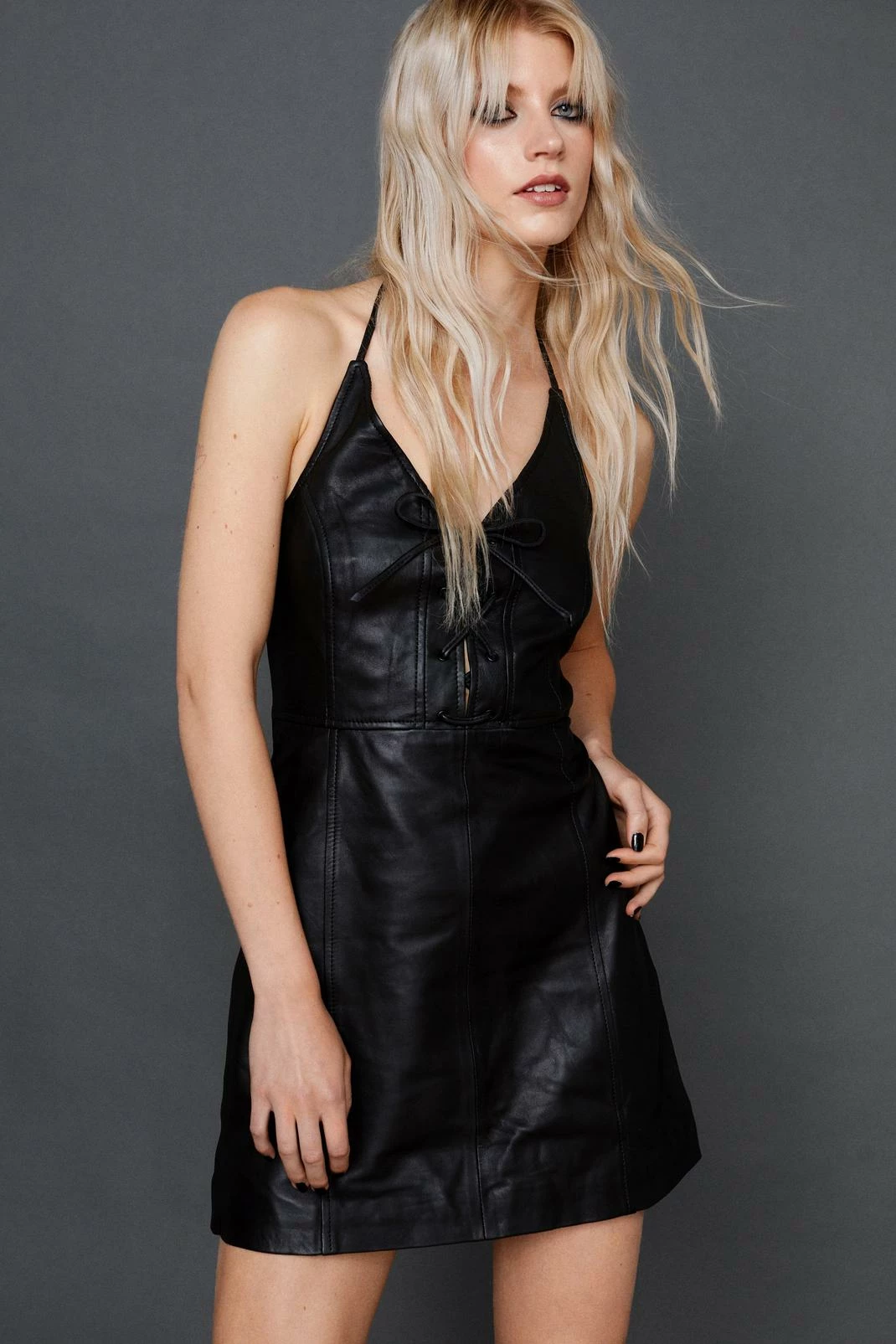 Real Leather Lace Up Mini Dress 4 Real Leather Lace Up Mini Dress - Image 4