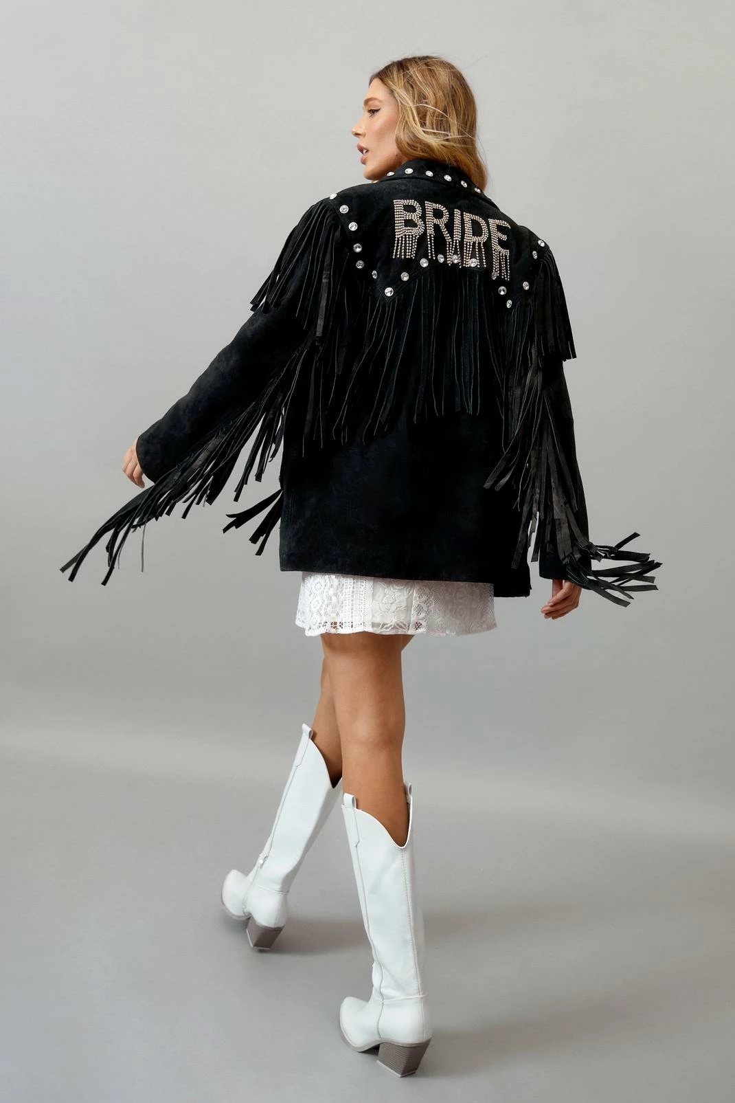 Real Suede Bridal Embellished Fringe Jacket 3 Real Suede Bridal Embellished Fringe Jacket - Image 3