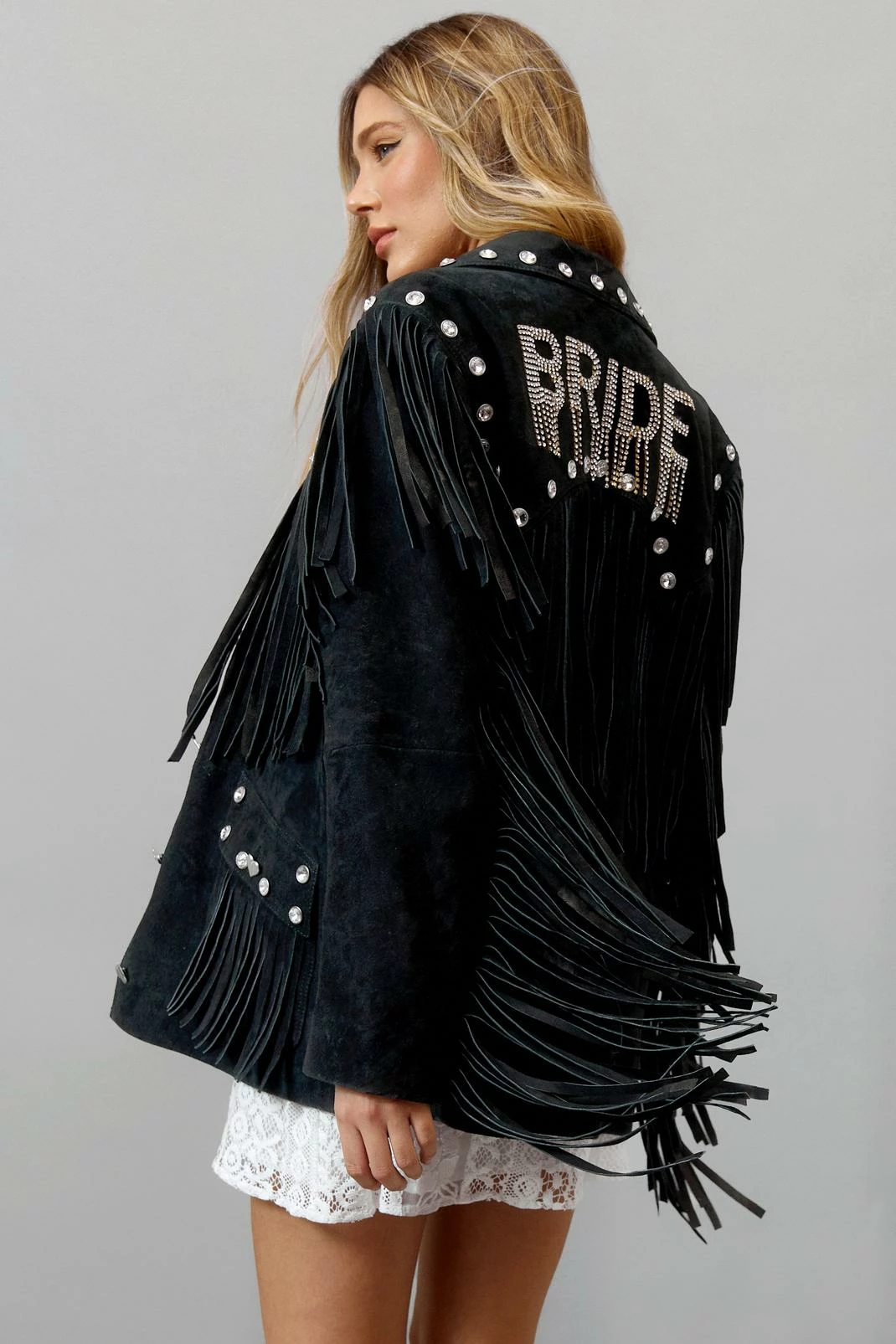 Real Suede Bridal Embellished Fringe Jacket 4 Real Suede Bridal Embellished Fringe Jacket - Image 4
