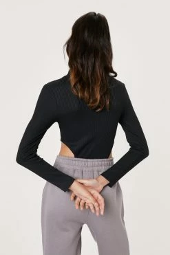Rib High Leg Roll Neck Bodysuit -Nasty Gal Sales Store Sales womens black rib high leg roll neck bodysuit 2