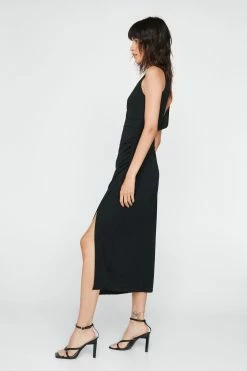 Ruched V Neck Midi Dress