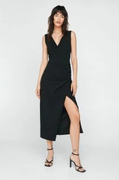 Ruched V Neck Midi Dress 13 Ruched V Neck Midi Dress -Nasty Gal Sales Store Sales womens black ruched v neck midi dress 6