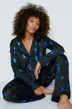 Satin Foil Lightening Bolt Pajama Pants Set