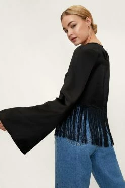 Satin Fringe Hem Long Sleeve Top -Nasty Gal Sales Store Sales womens black satin fringe hem long sleeve top 2