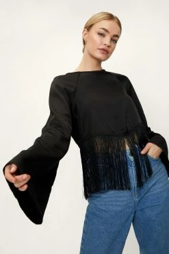 Satin Fringe Hem Long Sleeve Top -Nasty Gal Sales Store Sales womens black satin fringe hem long sleeve top 3