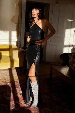 Sequin Halterneck Cut Out Maxi Dress -Nasty Gal Sales Store Sales womens black sequin halterneck cut out maxi dress 1