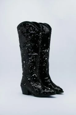 Sequin Knee High Cowboy Boots -Nasty Gal Sales Store Sales womens black sequin knee high cowboy boots 2