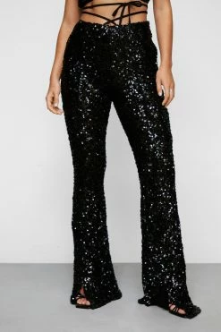 Sequin Plunge Tie Waist Top And Flare