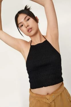 Shirred Halterneck Crop Top -Nasty Gal Sales Store Sales womens black shirred halterneck crop top 3