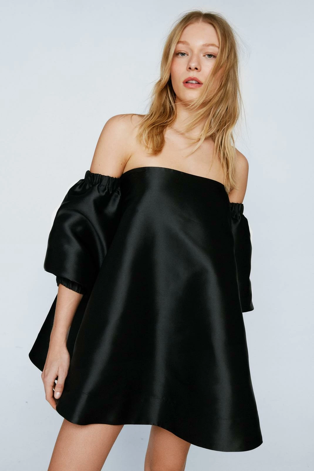 Structured Bardot Puff Sleeve Mini Prom Dress 4 Structured Bardot Puff Sleeve Mini Prom Dress - Image 4