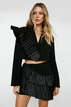 Taffeta Ruffle Detail Cropped Blazer -Nasty Gal Sales Store Sales womens black taffeta ruffle detail cropped blazer 3