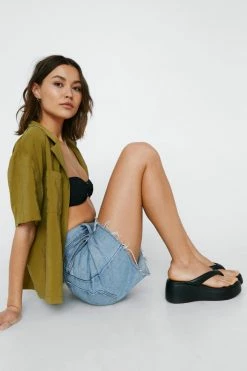 Toe Thong Faux Leather Flatform Sandals