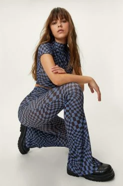 Abstract Tile Mesh High Waisted Flare Pants -Nasty Gal Sales Store Sales womens blue abstract tile mesh high waisted flare pants 3