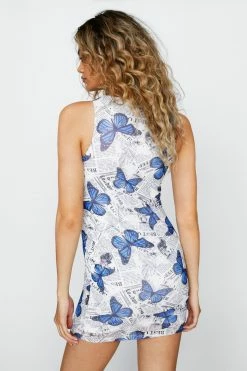 Butterfly Print Mesh Racer Mini Dress -Nasty Gal Sales Store Sales womens blue butterfly print mesh racer mini dress 1 2