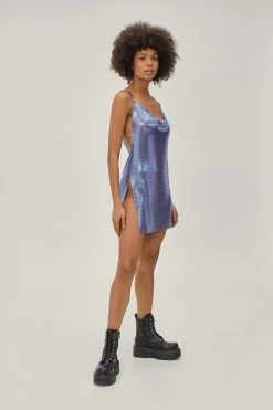 Chainmail Cowl Neck Relaxed Mini Dress -Nasty Gal Sales Store Sales womens blue chainmail cowl neck relaxed mini dress 3