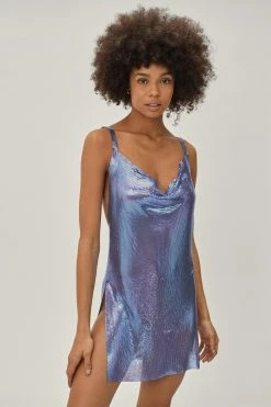Chainmail Cowl Neck Relaxed Mini Dress -Nasty Gal Sales Store Sales womens blue chainmail cowl neck relaxed mini dress 4