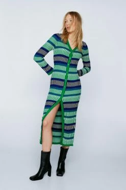 Contrast Stripe Button Knitted Maxi Dress -Nasty Gal Sales Store Sales womens blue contrast stripe button knitted maxi dress 3
