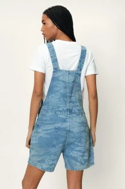 Floral Laser Print Denim Short Overalls -Nasty Gal Sales Store Sales womens blue floral laser print denim short overalls 2