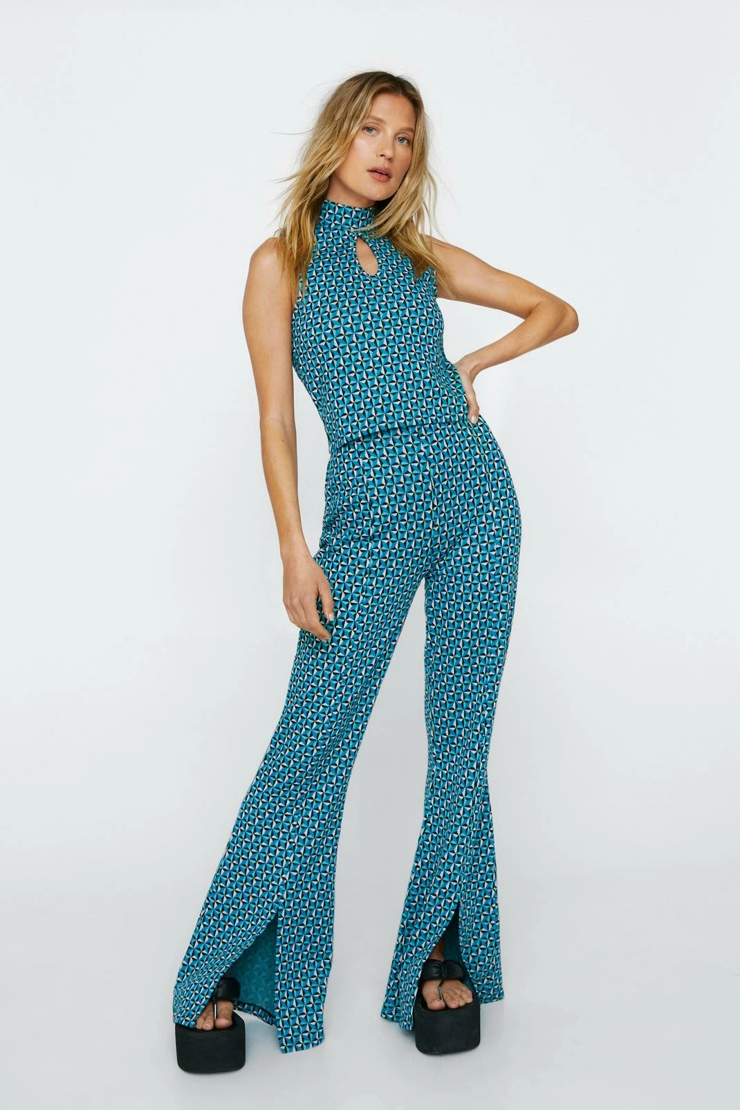 Geo Jacquard Split Hem Flared Pants 1 Geo Jacquard Split Hem Flared Pants