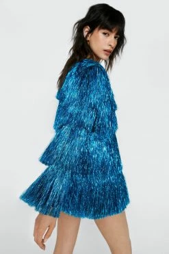 Longline Tinsel Fringe Jacket -Nasty Gal Sales Store Sales womens blue longline tinsel fringe jacket 2