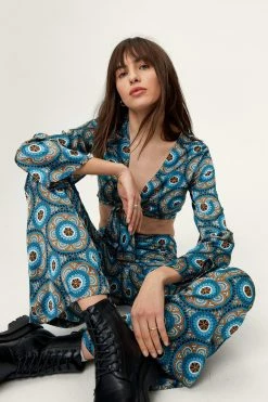 Retro Print Wide Leg Two Piece Pants -Nasty Gal Sales Store Sales womens blue retro print wide leg two piece pants 3