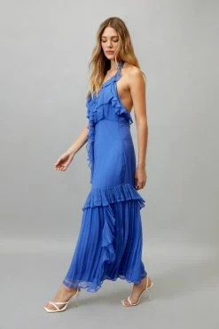 Ruffle Halter Neck Maxi Dress -Nasty Gal Sales Store Sales womens blue ruffle halter neck maxi dress 1