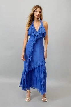 Ruffle Halter Neck Maxi Dress -Nasty Gal Sales Store Sales womens blue ruffle halter neck maxi dress 3