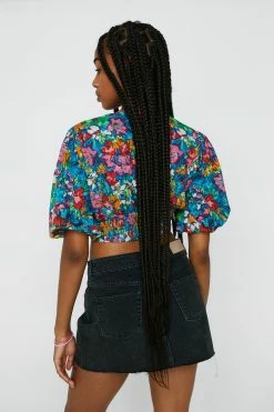 Tie Front Floral Print Crop Top -Nasty Gal Sales Store Sales womens blue tie front floral print crop top 2