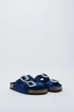 Velvet Dimanate Buckle Slippers -Nasty Gal Sales Store Sales womens blue velvet dimanate buckle slippers 2
