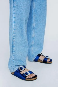 Velvet Dimanate Buckle Slippers -Nasty Gal Sales Store Sales womens blue velvet dimanate buckle slippers 3