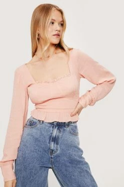 Cupped Square Neck Ruffle Hem Blouse -Nasty Gal Sales Store Sales womens blush cupped square neck textured crop top 3