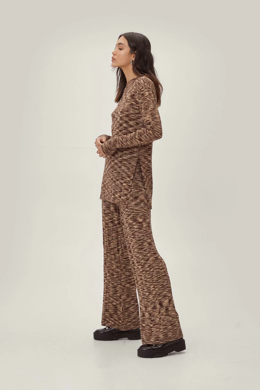 Knitted Striped Split Side Top And Pants Set 1 Knitted Striped Split Side Top And Pants Set