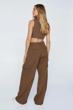 Premium Tailored Wide Leg Cargo Pants -Nasty Gal Sales Store Sales womens brown premium tailored wide leg cargo pants 2